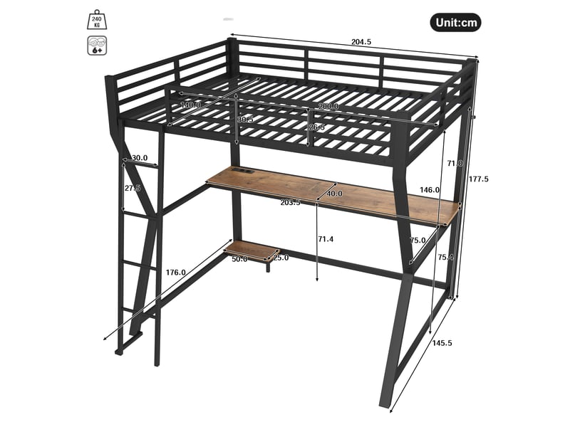  Lit mezzanine 140x200cm coloris noir led métal lit enfant noir - Conforama C