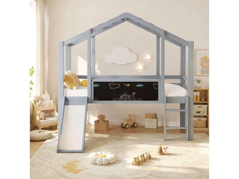  Lit mezzanine enfant 90x200 cm avec toboggan, échelle et tableau, gris  - Conforama B