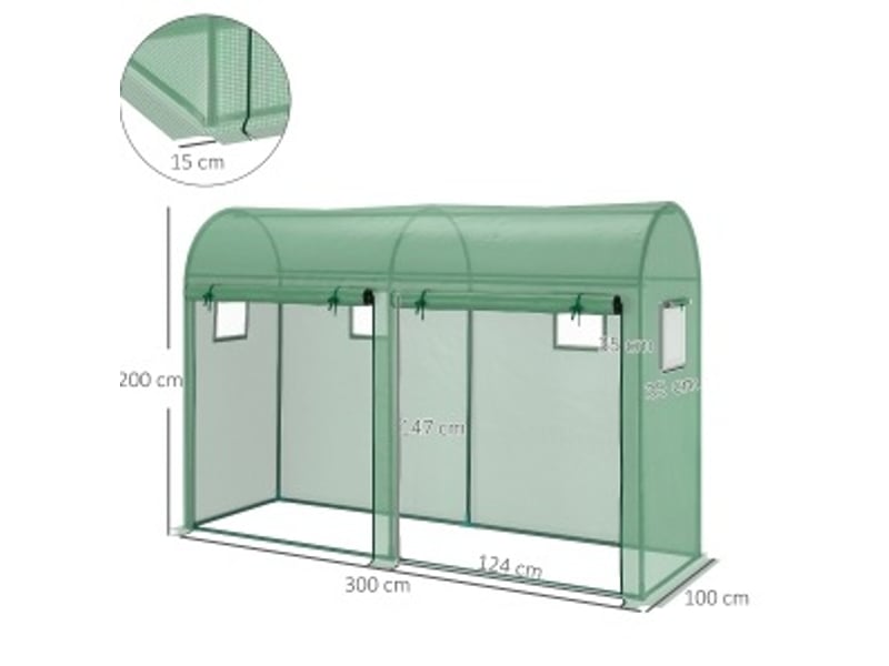 Serre tunnel de jardin 300x100x200 cm – verte – structure acier, 4 fenêtres et double porte enroulable - Conforama C