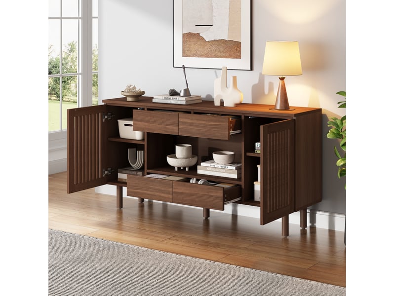  Buffet bas 140 x 35 x 71 cm en mdf, 4 tiroirs, 2 portes, coloris noyer  - Conforama E
