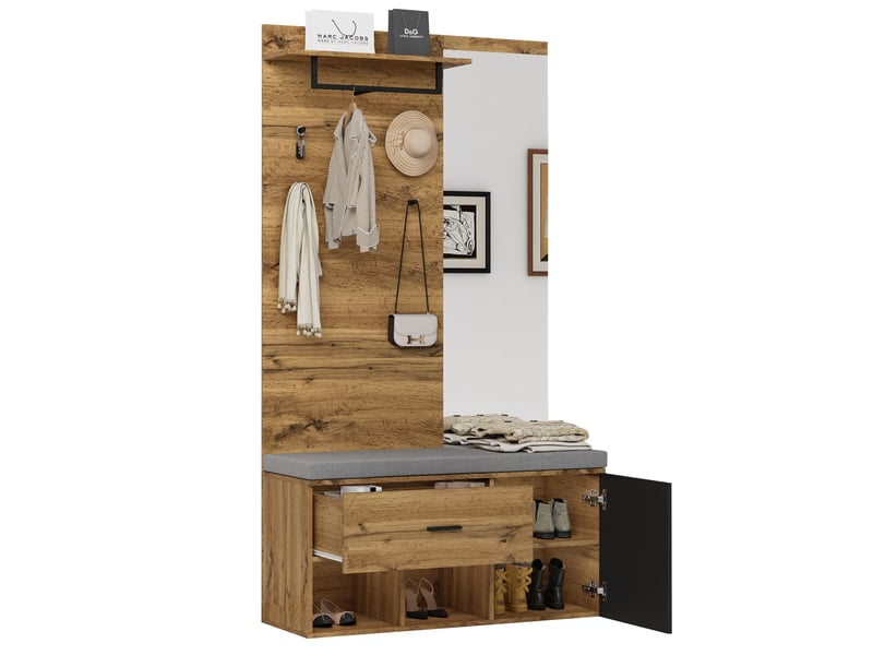  Meuble d'entrée avec miroir, banc à chaussures rembourré, rangement et 4 patères, effet chêne, 104×39×190 cm  - Conforama A