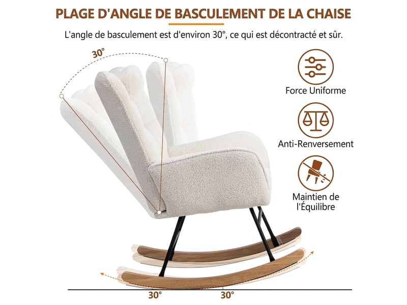  Fauteuil à bascule blanc avec repose-pieds et coussin, tissu polaire bouclette, largeur 65 cm  - Conforama D