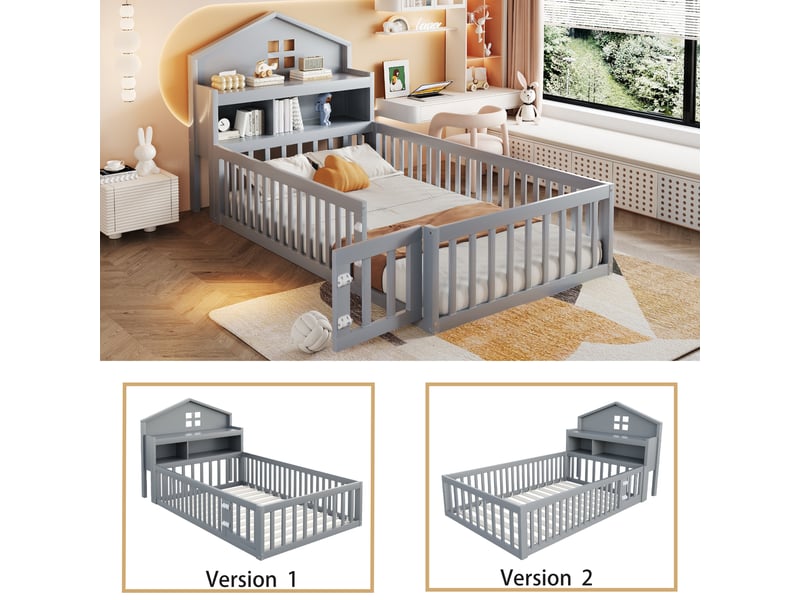  Lit enfant 90x200 cm avec étagère, tableau noir, garde-corps et sommier, forme de maison, bois gris, sans matelas  - Conforama D