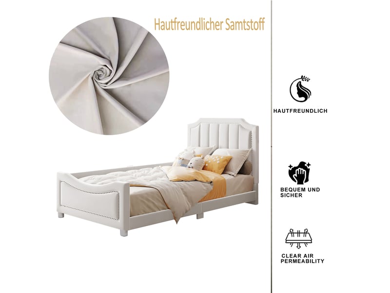 Lit gigogne enfant 90 x 200 cm avec dossier et accoudoirs, lit rembourré cadre de lit simple en tissu teddy multifonctionnel, blanc - Conforama D