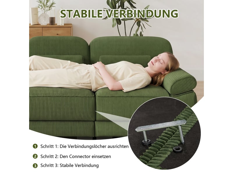  Canapé d'angle modulable 2 places en velours côtelé vert, avec pouf, assise profonde, coussin lombaire, 194×161×94 cm  - Conforama R