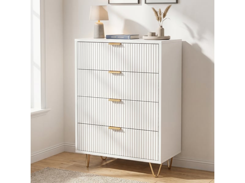  Commode, 60x34x91 cm, 4 tiroirs de rangement, avec dispositif anti-basculement, bois et métal, style moderne, blanc  - Conforama B