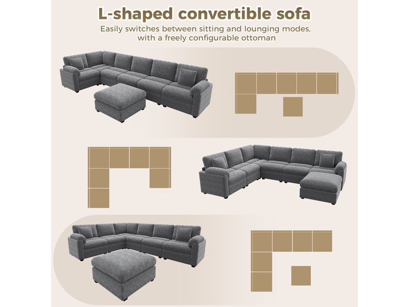 Canapé panoramique modulable 7 places 274,5x210,5x85,5 cm, forme ul, pouf séparé, velours côtelé, coussins pour salon - gris - Conforama E