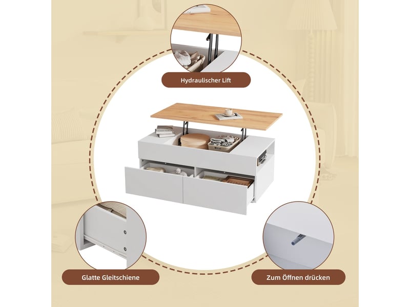  Table basse 100x50x40, blanc et bois table basse salon, plateau relevable, rangement intégré, deux tiroirs, rangement semi-ouvert  - Conforama E