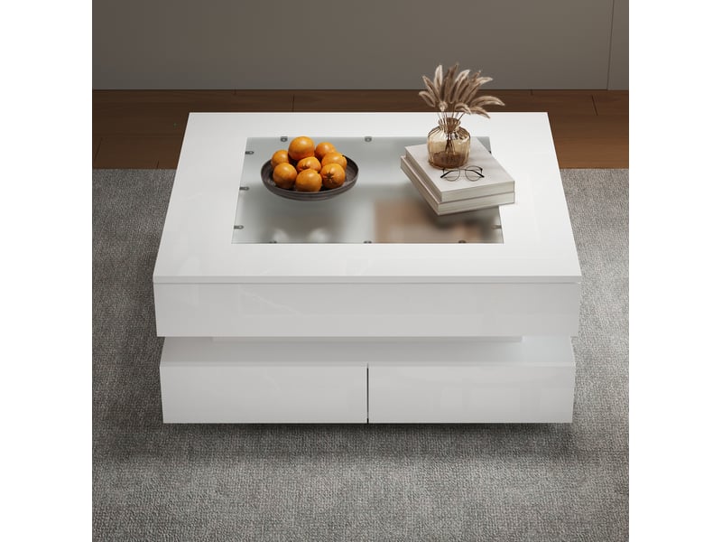  Table basse 70x70 cm blanche brillante avec verre, led et 3 tiroirs  - Conforama E