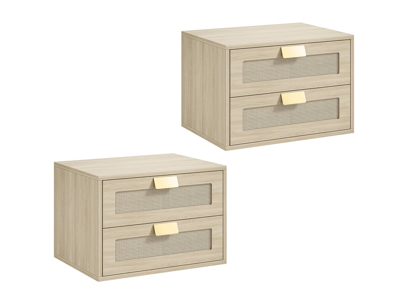  Lot de 2 tables de chevet murales, tables de nuit suspendues avec 2 tiroirs et plateau à effet rotin, chêne  - Conforama B