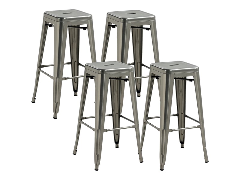  Ensemble de 4 tabourets de bar empilables avec repose-pieds, style industriel, acier, pour salle à manger, argent  - Conforama A