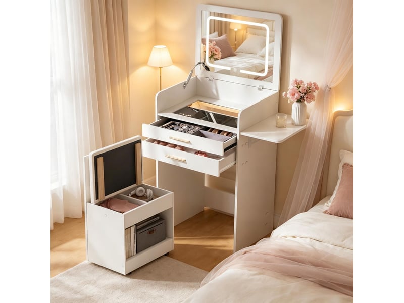  Coiffeuse 3 en 1 avec miroir led 40x50x87,2 cm-2 tiroirs-plateau en verre-tabouret avec rangement à roulettes-blanc  - Conforama C