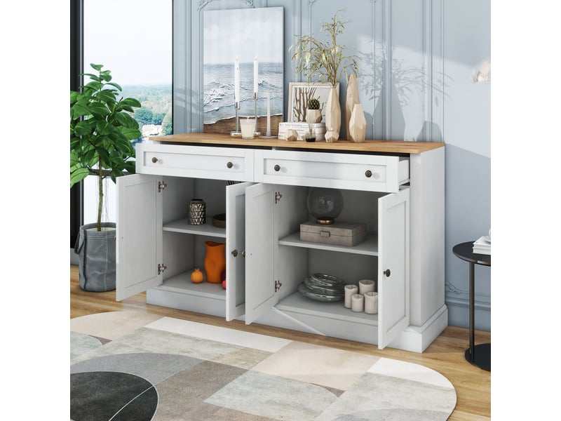  Grand buffet 4 portes et 2 tiroirs 150 x 40 x 86 cm, blanc antique et bois naturel Jamama eleni - Conforama E