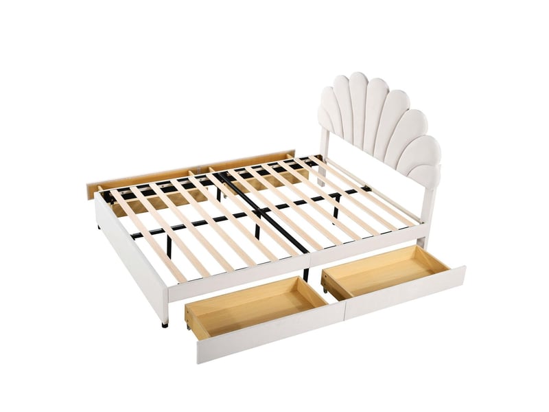  Lit capitonné 140x200, tête fleurie velours lit double, rangement 4 tiroirs, sommier inclus  - Conforama D