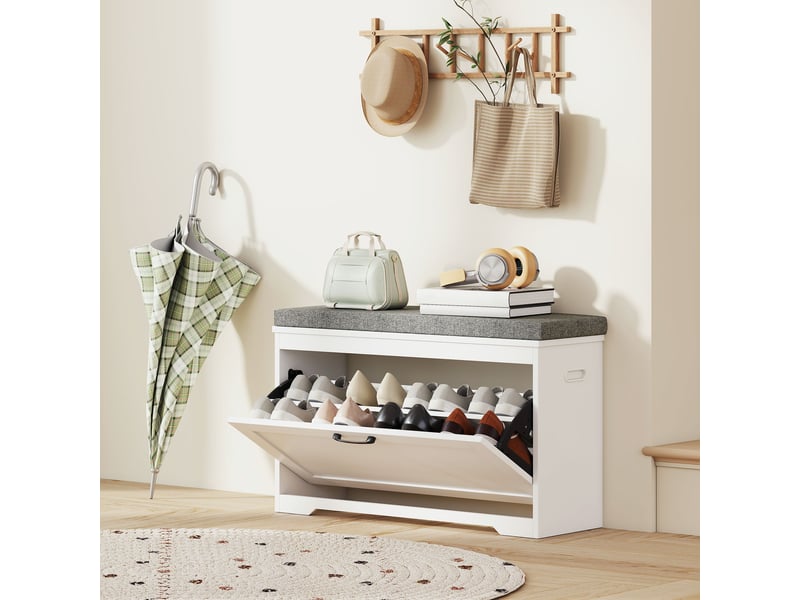  Banc à chaussures, banc d'entrée moderne avec siège rembourré, tiroir basculant et étagère ajustable, 80x30x50cm, blanc  - Conforama C