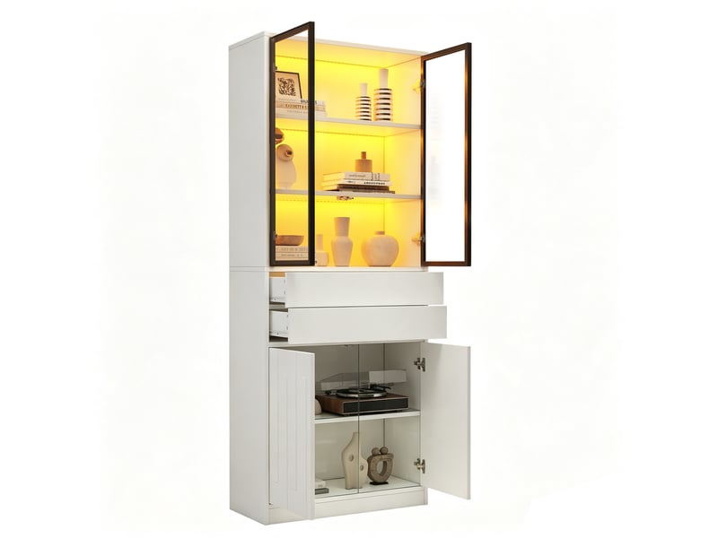 Vitrine tcqpz led 70 x 34 x 180 cm 2 tiroirs verre trempé blanc mat - Conforama A