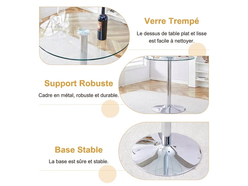  Ensemble table ronde ø89 cm et 2 tabourets transparents, verre et structure métal argenté  - Conforama E