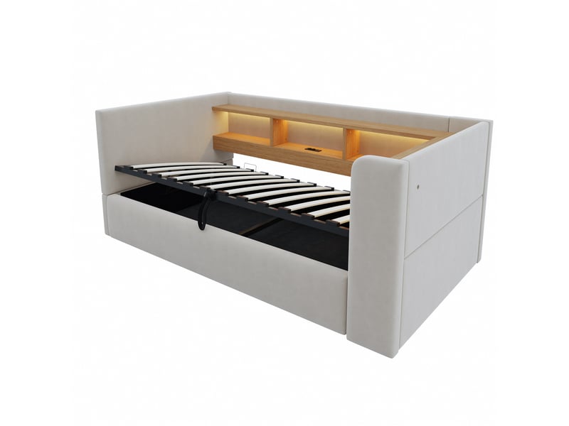 Lit canapé gris clair 90x190 cm avec rangement hydraulique, led, prises et rangements - Conforama E