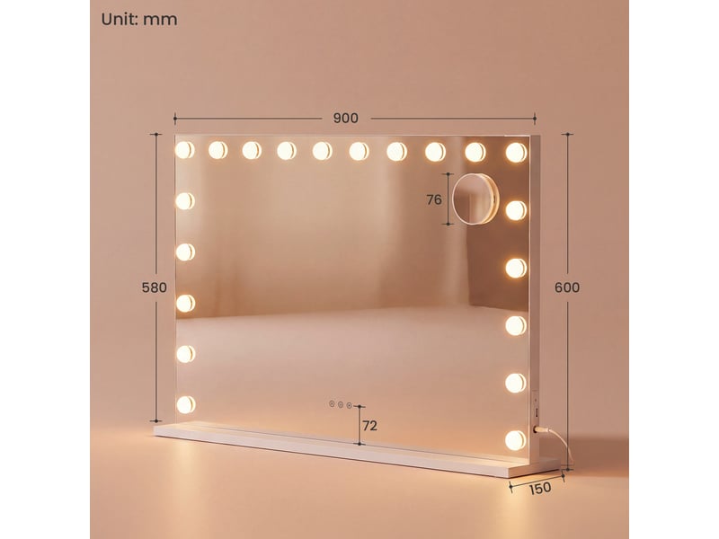  Miroir coiffeuse led 90 x 60 cm - 3 couleurs d’éclairage avec mémorisation du réglage et miroir grossissant 10x amovible - rectangulaire, à poser ou à fixer au mur  - Conforama E