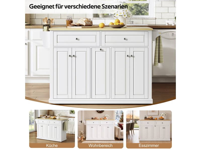  Îlot de cuisine mobile 121 × 49(69) × 89 cm naturel et blanc, mdf, plateau rabattable, tiroirs verticaux et roulettes  - Conforama E