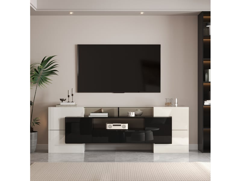  Meuble tv 200 cm blanc et noir brillant avec led, 6 portes et 2 tiroirs  - Conforama D