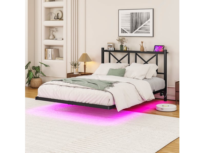 Lit double ulevr 120x200 cm avec tête de lit, éclairage led réglable, station de charge usb, cadre en métal noir  - Conforama E