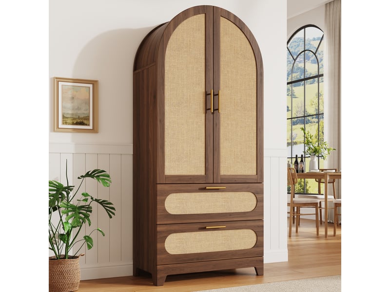 Armoire de cuisine 80x40x175 cm, buffet haut et garde-manger, 2 portes, 2 tiroirs, façade effet rotin, design moderne, mdf et métal brun CozyNest - Conforama D