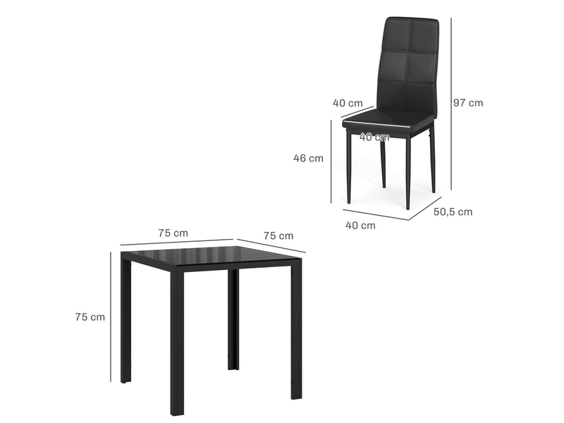  Ensemble table à manger et chaises pour 2 personnes, pour cuisine salon maison, plateau rectangulaire en verre, noir  - Conforama C