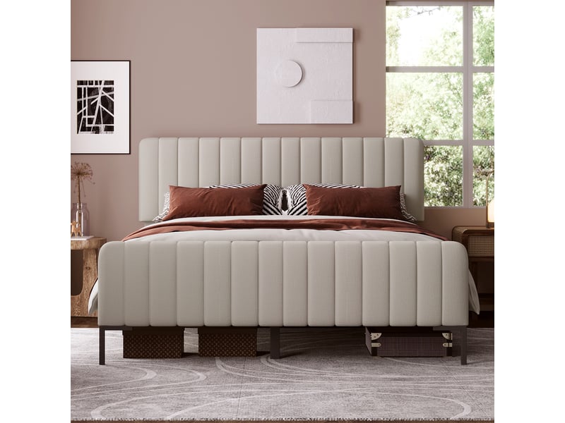  Lit simple rembourré 140x190cm avec sommier à lattes, tête de lit réglable et cadre en bois, sans matelas, tissu effet lin gris clair evarich - Conforama D