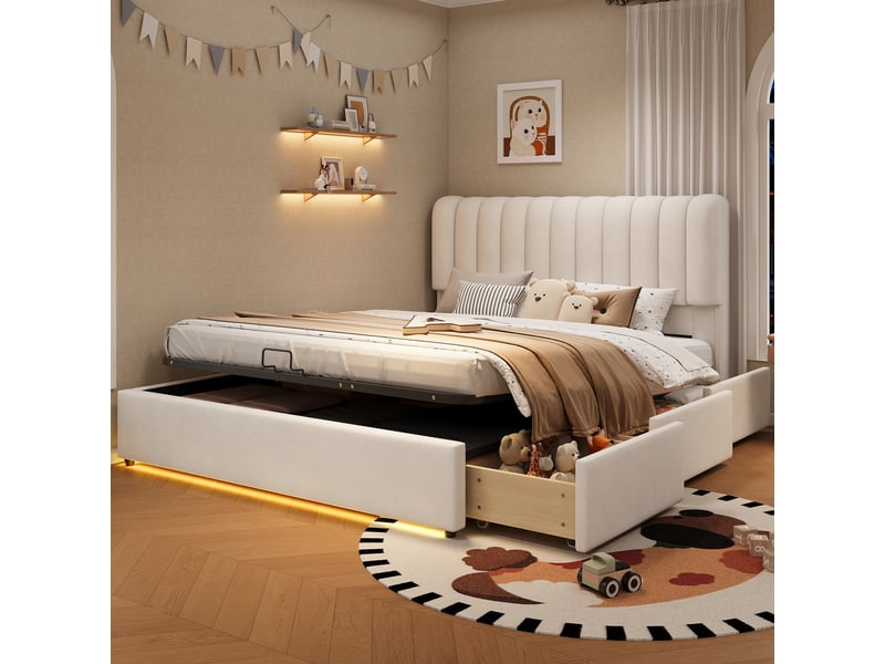  Lit coffre 140x200 cm, lit double, rangement hydraulique, 3 tiroirs, velours beige, led  - Conforama D