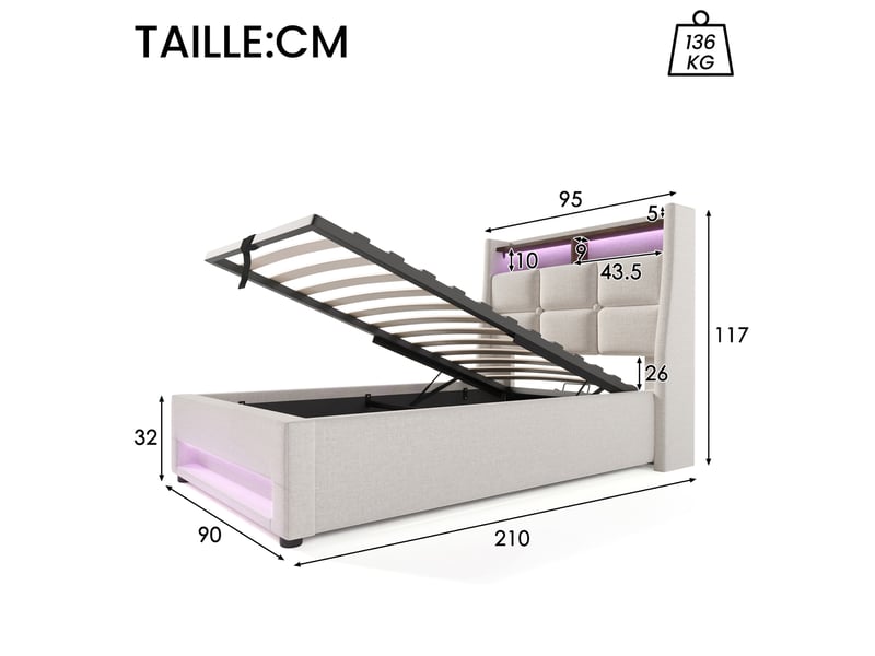  Lit coffre 90x200 cm en tissu, lit simple avec led réglable, usb et étagère, sans matelas, beige clair  - Conforama D