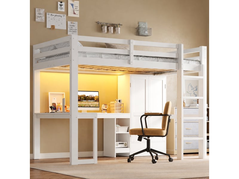  Lit mezzanine 90x200 avec bureau, étagères, armoire, prise usb et éclairage led blanc  - Conforama C