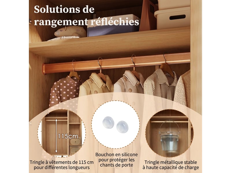  Armoire de chambre en chêne 2 portes avec 2 tiroirs, penderie et étagères, 161x120x48 cm, style campagne  - Conforama E