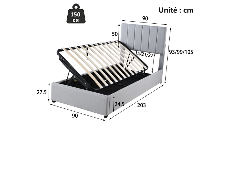  Lit coffre 90x200 cm - lit simple capitonné hydraulique -  en lin - sans matelas - gris  - Conforama C