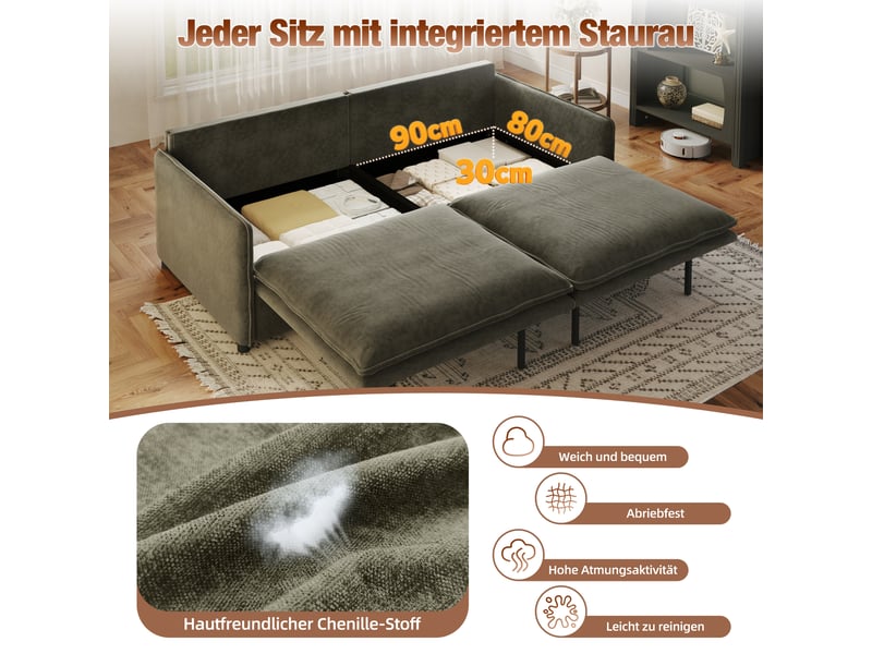  Canapé convertible 3 places 206 cm, 3-en-1 avec couchage double et rangement, dossier réglable, chenille, gris foncé OMNIGLINT TRADING LTD - Conforama E