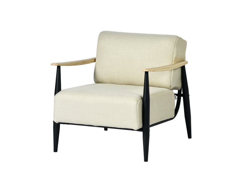 Fauteuil de salon à ressorts, avec ensachés assise épaisse, accoudoirs en bois, structure en acier, beige - Conforama A
