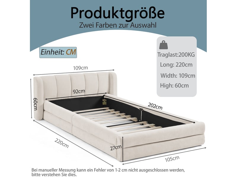  Lit simple 90x200 cm en chenille beige avec tête de lit, sans matelas  - Conforama C