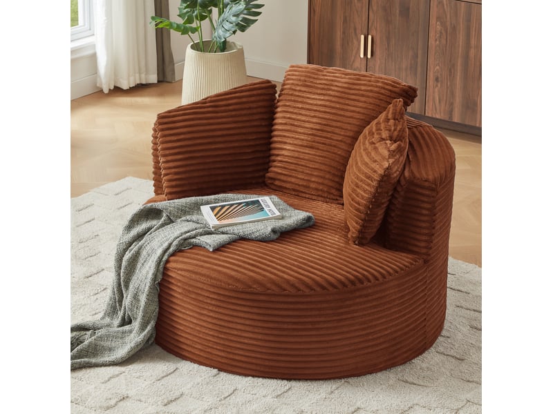 Fauteuil nuage rond 113x124x86 cm en velours côtelé orange, assise profonde, design moderne - Conforama D