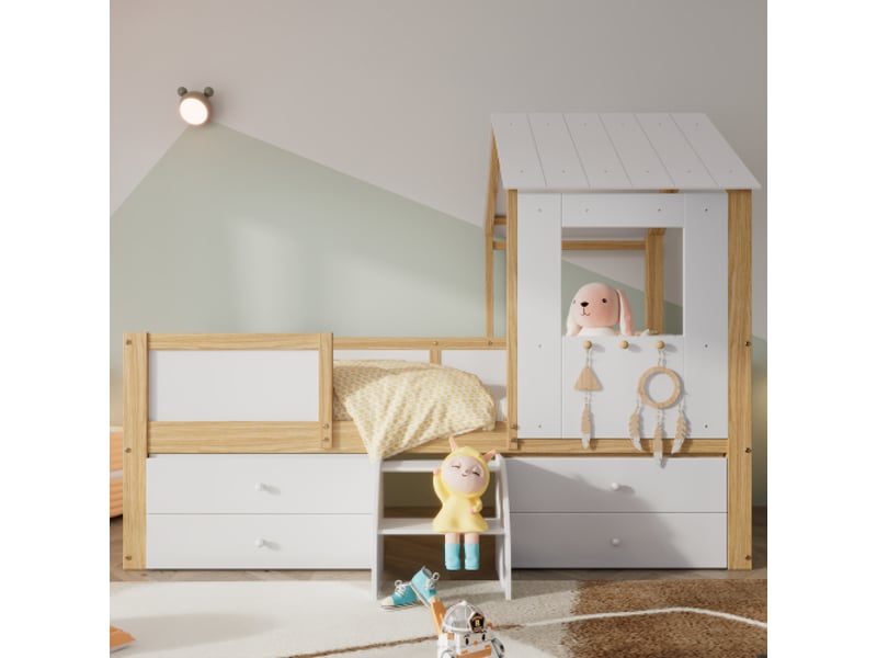  Lit cabane 90x200 cm, avec 4 tiroirs et petite marche, en bois, blanc et naturel, sans matelas  - Conforama C