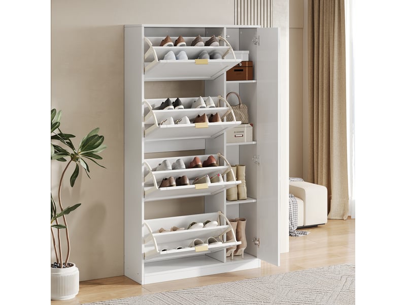  Meuble à chaussures avec miroir, 4 compartiments et étagères réglables pour entrée 80×24×147 cm blanc  - Conforama B