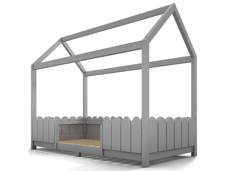  Lit cabane, lit simple avec toit, barrière et 15 lattes, 200×90 cm, sans matelas, en bois massif, gris  - Conforama E