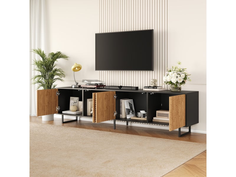  Meuble tv 4 portes avec rangement pour écran jusqu’à 80 pouces - pieds métal, bois naturel et noir  - Conforama C