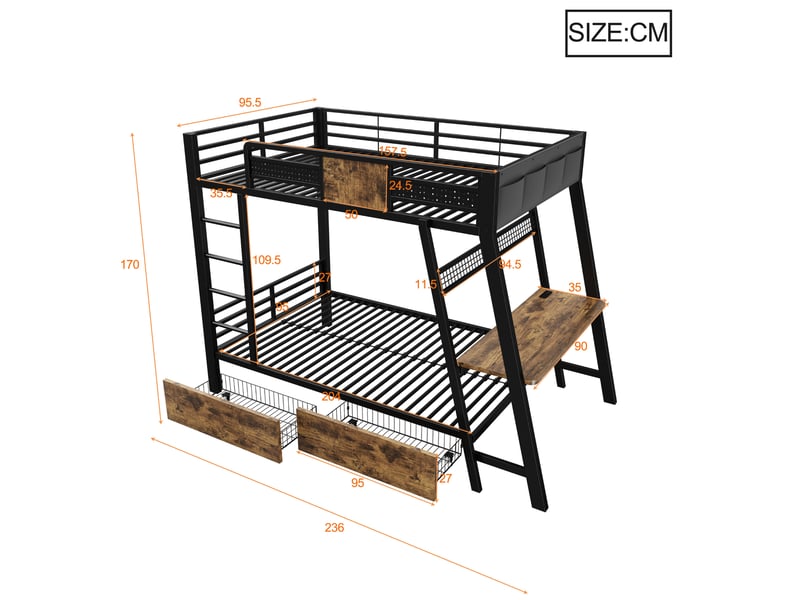  Lit superposé, 90 x 200 cm, mobilier enfant, avec bureau intégré, led, matelas non inclus, mdf et métal, coloris noir  - Conforama C