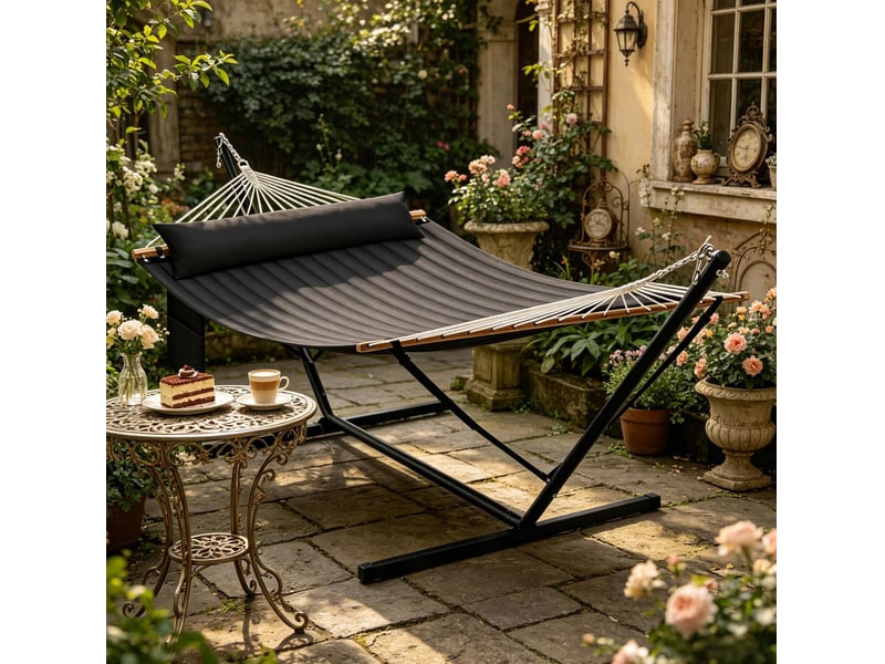  Hamac double avec support en métal anthracite, toile double épaisseur et coussin, pour intérieur et extérieur  - Conforama B