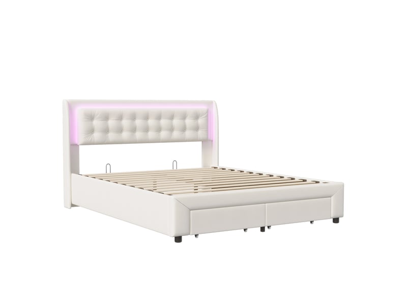  Lit coffre 140x190 cm, revêtement en velours, coloris beige, coffre hydraulique, 1 tiroir intégré, éclairage led, conception fonctionnelle  - Conforama A