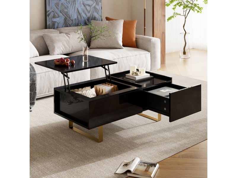  Table basse, à plateau relevable, avec 1 tiroir, 100 x 50 x h 39,5–54,5 cm, noir, rangement pratique, structure en mdf, style moderne, pour le salon Luxe haut de gamme - Conforama E