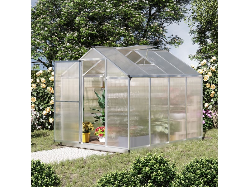  Serre de jardin aluminium polycarbonate 4,6 m² dim. 2,42l x 1,9l x 1,95h m lucarne porte loquet  - Conforama D
