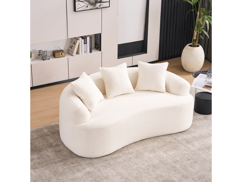  Canapé droit 2 places assise profonde avec coussins décoratifs - forme incurvée, chenille blanc  - Conforama B