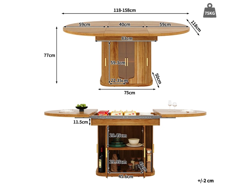 Table à manger extensible ronde à ovale 118-158 cm, mdf bois foncé, rangement central, jusqu'à 6 personnes - Conforama C