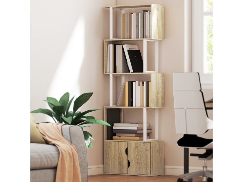  Bibliothèque à 5 niveaux, meuble de rangement avec étagères et placard double porte, 60 x 23,8 x 179,2 cm, bois naturel  - Conforama D